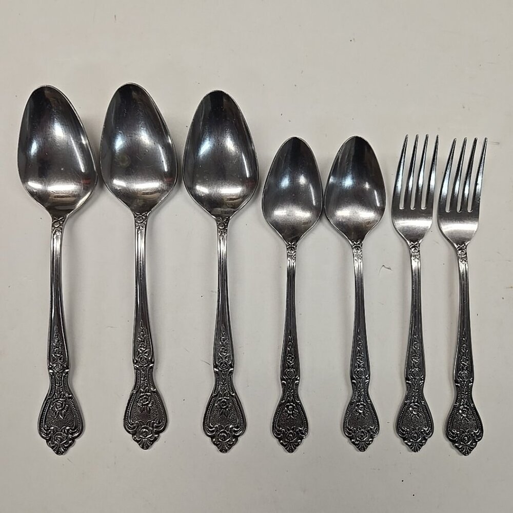 VTG Lot of 7 NORMANDY Rose Stainless Steel Flatware Dinner Forks Spoons